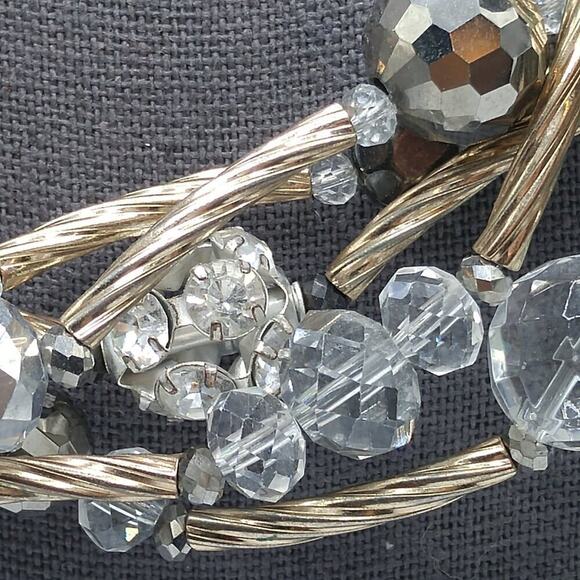 Chico's 5 Strand Beaded Necklace, Gold Swirled Tubes, Clear Silver Crystals, 24" - Picture 3 of 9